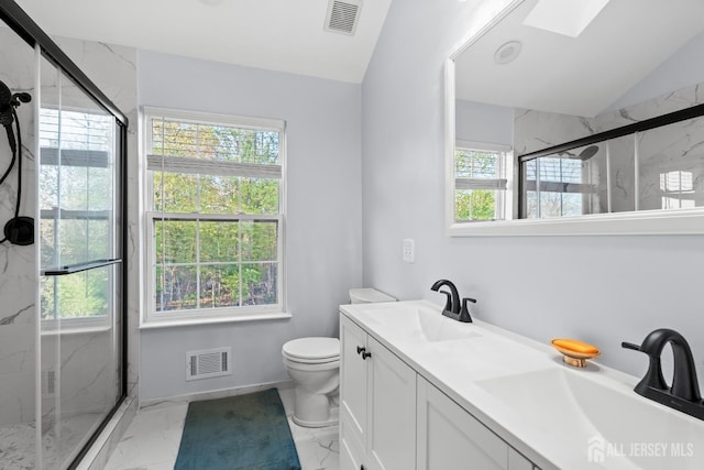 54 Magellan Way, Franklin Twsp, NJ 08823 - full bath with lofted ceiling, marble finish flooring, a marble finish shower, toilet, and double vanity