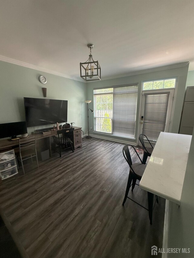 54 Magellan Way, Franklin Twsp, NJ 08823 - living area with ornamental molding, dark wood-style flooring, and a chandelier