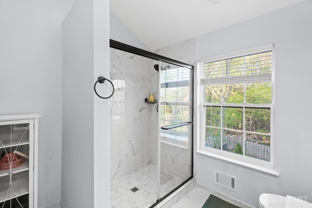 54 Magellan Way, Franklin Twsp, NJ 08823 - bathroom featuring healthy amount of natural light, a marble finish shower, marble look tile flooring, lofted ceiling, and toilet
