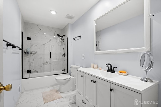 54 Magellan Way, Franklin Twsp, NJ 08823 - bathroom with bath / shower combo with glass door, marble finish flooring, toilet, vanity, and recessed lighting