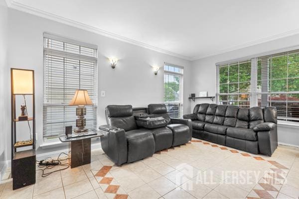 54 Magellan Way, Franklin Twsp, NJ 08823 - living room with light tile patterned flooring, crown molding, inlaid floor details, and baseboards