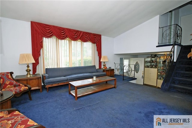 14 Albert Dr, Old Bridge, NJ 08857 - living area with carpet flooring, lofted ceiling, and stairs