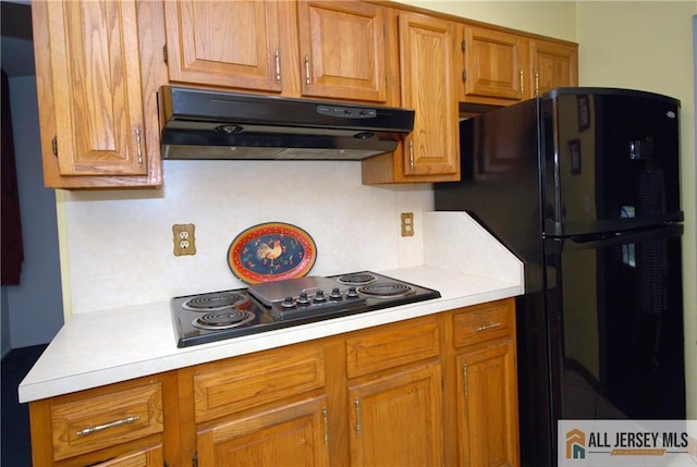 14 Albert Dr, Old Bridge, NJ 08857 - kitchen featuring under cabinet range hood, light countertops, black appliances, and brown cabinets