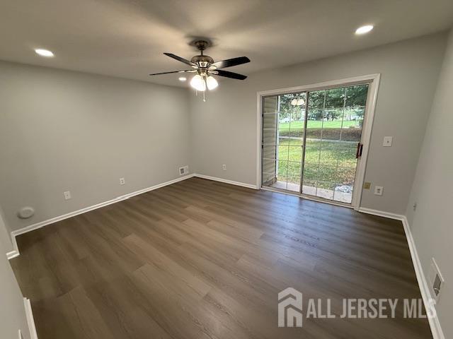 3605 Riddle Ct, Bridgewater, NJ 08807 - empty room with a ceiling fan, dark wood-style flooring, and recessed lighting
