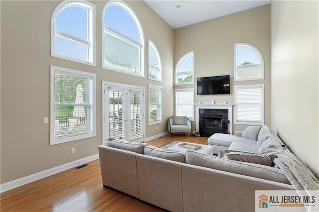 8 Adam Ct, Monroe, NJ 08831 - living room with a high ceiling, wood finished floors, french doors, baseboards, and a fireplace
