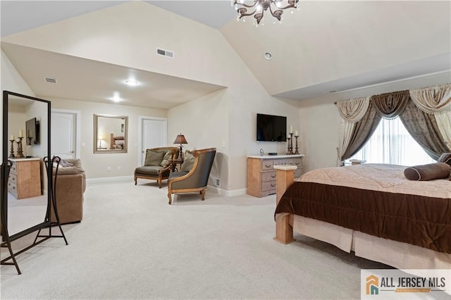 8 Adam Ct, Monroe, NJ 08831 - bedroom with light carpet, baseboards, high vaulted ceiling, and a chandelier