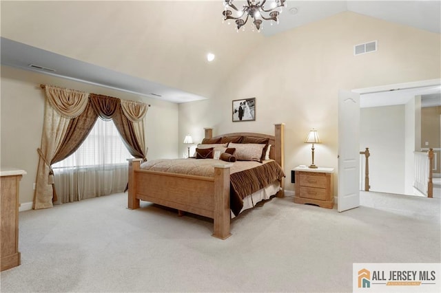 8 Adam Ct, Monroe, NJ 08831 - bedroom with light carpet, a chandelier, and high vaulted ceiling