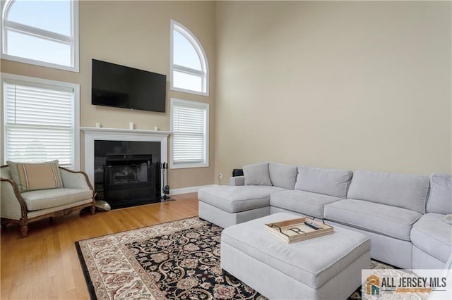 8 Adam Ct, Monroe, NJ 08831 - living area featuring a towering ceiling, wood finished floors, and a fireplace with flush hearth