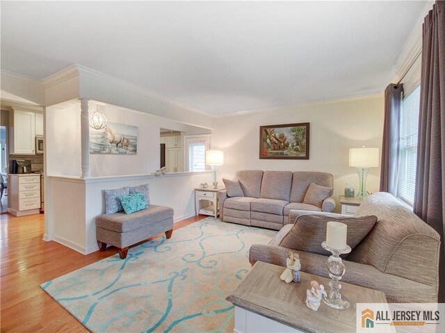 living room with crown molding, light hardwood / wood-style floors, and decorative columns