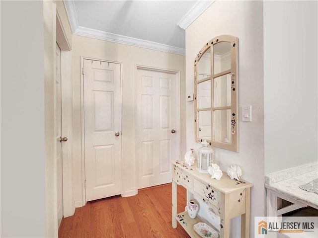 hall featuring light wood-style floors and ornamental molding