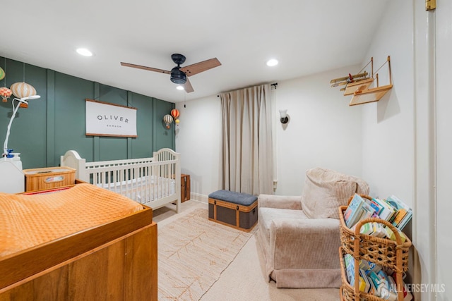 328 John St, Bound Brook, NJ 08805 - carpeted bedroom with recessed lighting, a ceiling fan, and a decorative wall