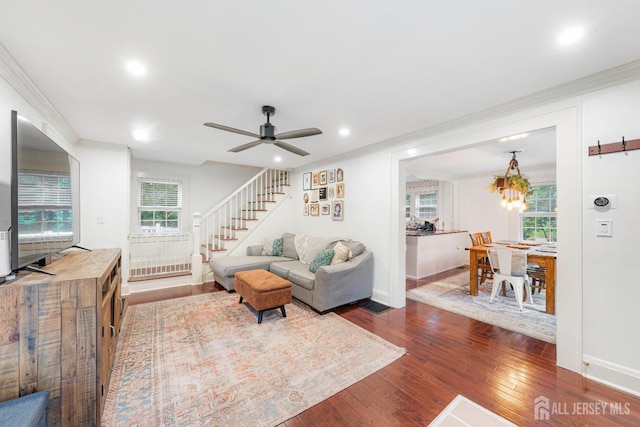 328 John St, Bound Brook, NJ 08805 - living room featuring stairway, ornamental molding, dark wood finished floors, recessed lighting, and a ceiling fan