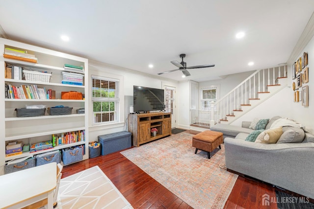328 John St, Bound Brook, NJ 08805 - living room with stairs, hardwood / wood-style flooring, recessed lighting, ceiling fan, and ornamental molding