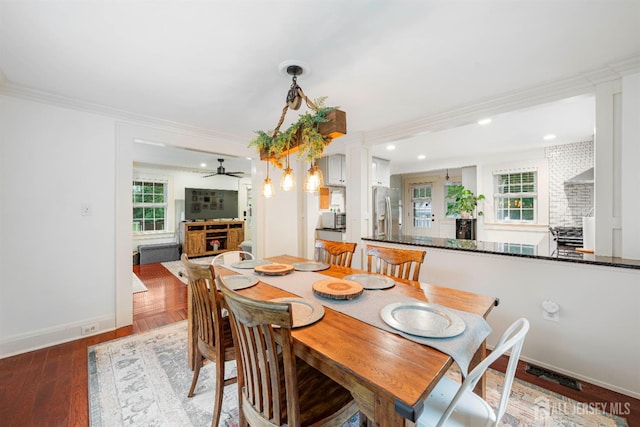 328 John St, Bound Brook, NJ 08805 - dining space with ceiling fan, ornamental molding, wood finished floors, and recessed lighting
