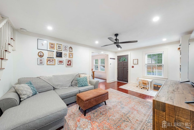 328 John St, Bound Brook, NJ 08805 - living area with recessed lighting, wood finished floors, a ceiling fan, and stairs