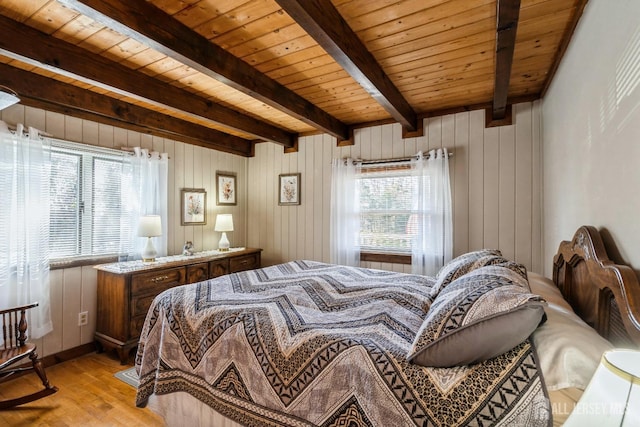 bedroom with beam ceiling, light wood-style floors, and wooden ceiling