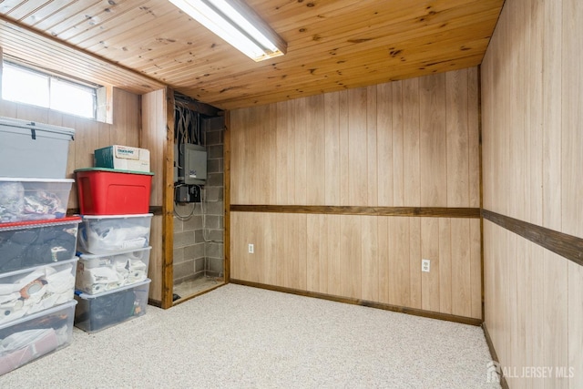 below grade area featuring wooden ceiling, wooden walls, and carpet floors