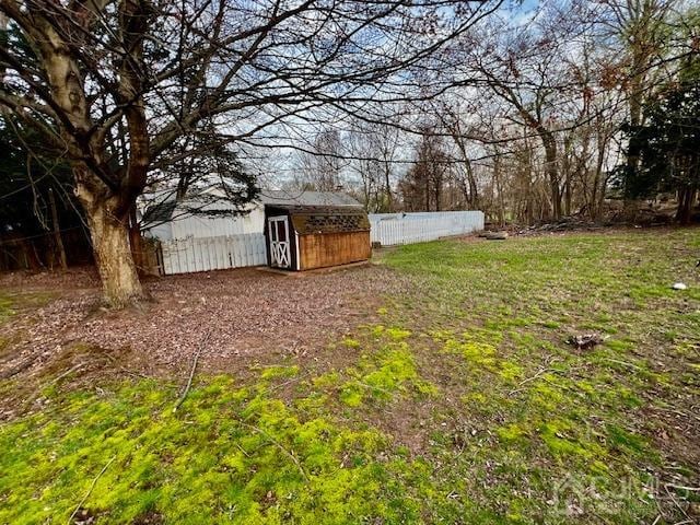 view of yard featuring a storage shed