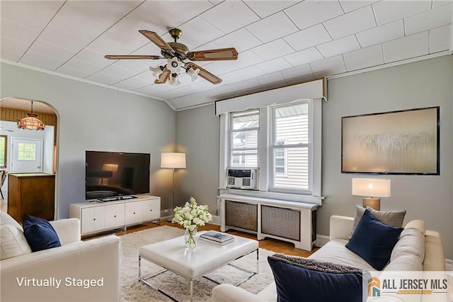 31 Lehigh Ave, Edison, NJ 08837 - living room featuring ceiling fan, wood finished floors, cooling unit, and ornamental molding