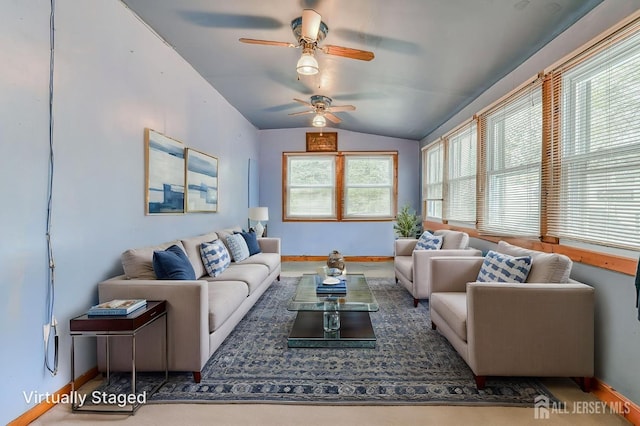 14 Bradford Rd, East Brunswick, NJ 08816 - living room featuring vaulted ceiling, ceiling fan, and baseboards
