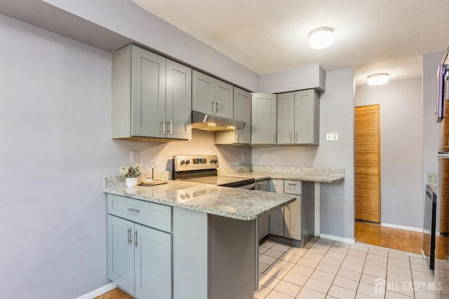 kitchen with gray cabinetry, stainless steel range with electric cooktop, a peninsula, light stone countertops, and under cabinet range hood