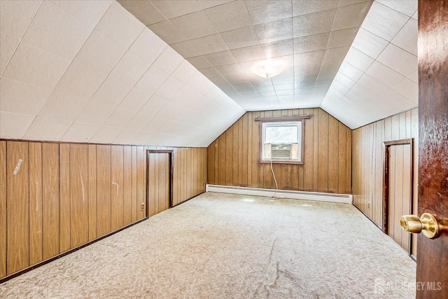 137 Grand Ave, Iselin, NJ 08830 - additional living space featuring a baseboard radiator, carpet, wood walls, lofted ceiling, and cooling unit