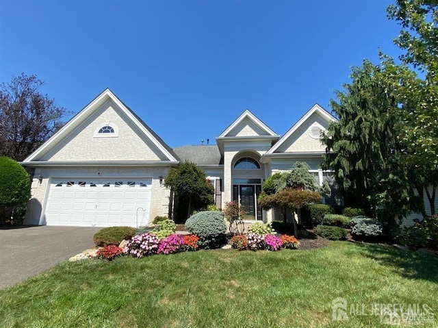 view of front of house with aphalt driveway, a front lawn, and an attached garage