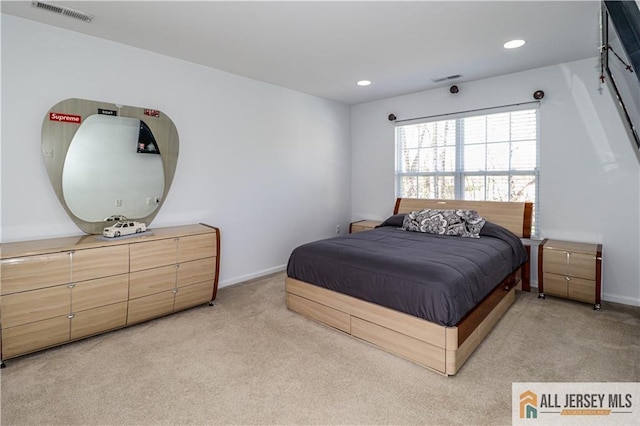 bedroom featuring recessed lighting, baseboards, visible vents, and light colored carpet