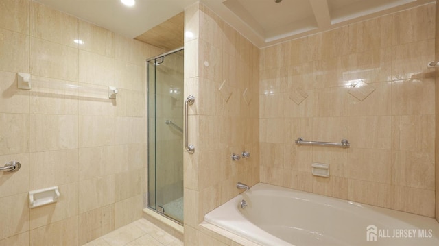 30 S Adelaide Ave Unit 7H, Highland Park, NJ 08904 - full bathroom featuring tiled shower, a relaxing tiled tub, recessed lighting, tile walls, and tile patterned floors