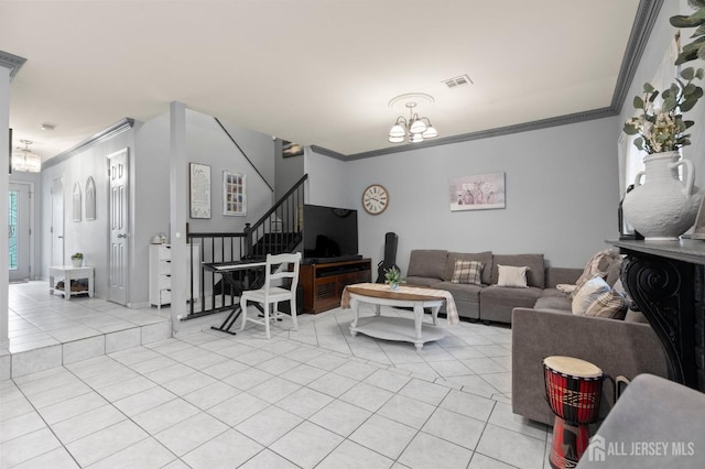 265 Plum Dr, Marlboro, NJ 07746 - living area with a chandelier, light tile patterned floors, ornamental molding, and stairway