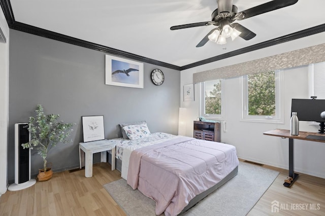265 Plum Dr, Marlboro, NJ 07746 - bedroom featuring ornamental molding, light wood-type flooring, and ceiling fan