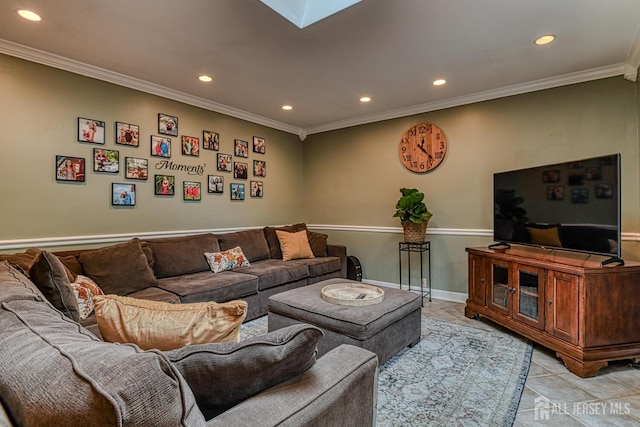 living room with a skylight, light tile patterned floors, and ornamental molding