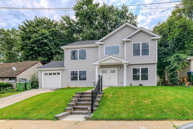 view of front of house with driveway, an attached garage, and a front yard