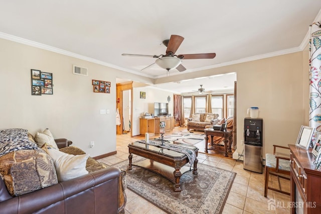 6 Claremont Ave, Colonia, NJ 07067 - living area with a ceiling fan, crown molding, baseboards, light tile patterned flooring, and baseboard heating