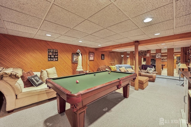 6 Claremont Ave, Colonia, NJ 07067 - recreation room with carpet floors, billiards, recessed lighting, wooden walls, and a paneled ceiling