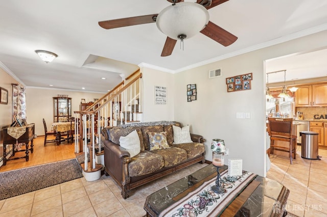 6 Claremont Ave, Colonia, NJ 07067 - living room with a ceiling fan, stairway, ornamental molding, recessed lighting, and light tile patterned flooring