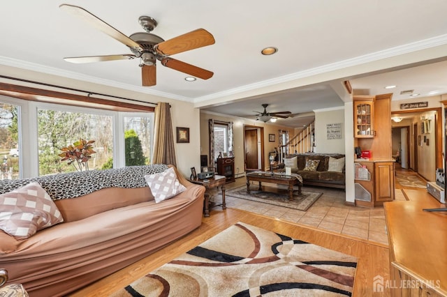 6 Claremont Ave, Colonia, NJ 07067 - living room with stairway, light wood-style floors, ceiling fan, ornamental molding, and recessed lighting