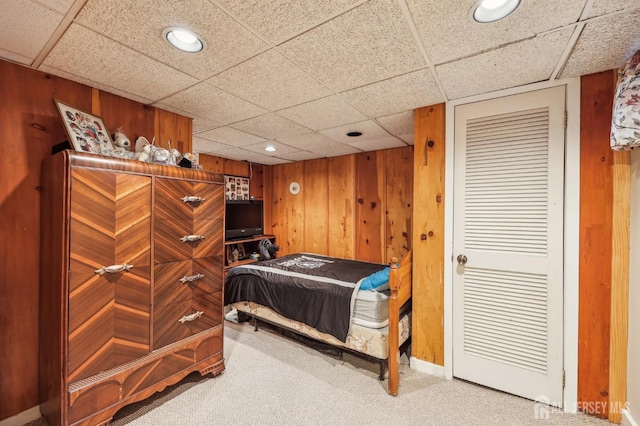 6 Claremont Ave, Colonia, NJ 07067 - bedroom with a paneled ceiling, carpet, wooden walls, and recessed lighting