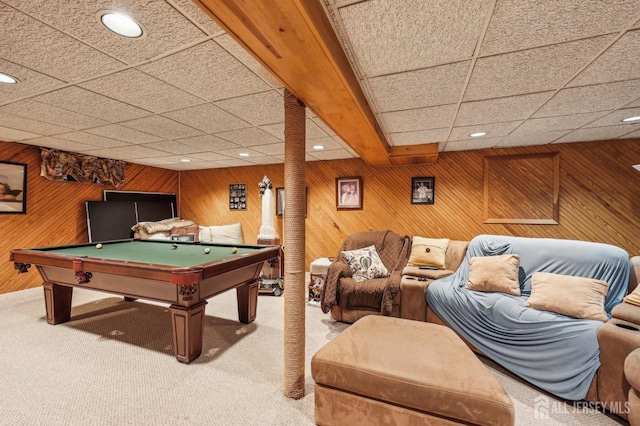 6 Claremont Ave, Colonia, NJ 07067 - playroom with recessed lighting, a drop ceiling, wood walls, pool table, and carpet