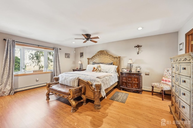 6 Claremont Ave, Colonia, NJ 07067 - bedroom with a baseboard radiator, light wood-style floors, recessed lighting, a ceiling fan, and baseboards