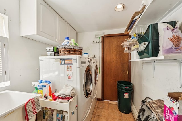 6 Claremont Ave, Colonia, NJ 07067 - laundry area featuring independent washer and dryer, light tile patterned flooring, and cabinet space