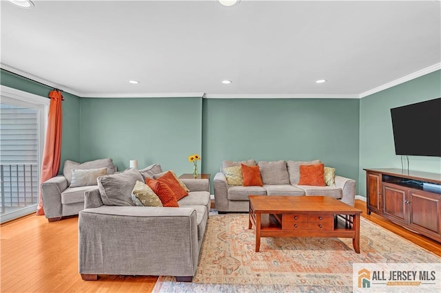 2507 Balmoral Ct, Hillsborough, NJ 08844 - living room with ornamental molding, light wood-type flooring, and recessed lighting