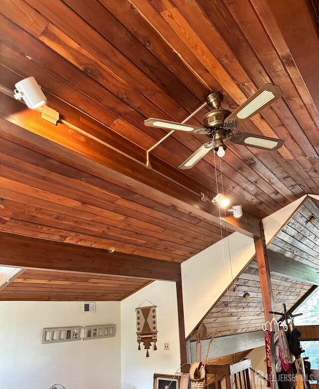 interior details with beam ceiling, ceiling fan, and wood ceiling