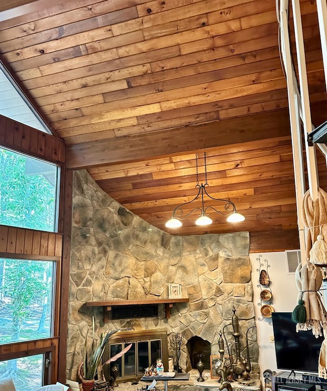 details featuring a stone fireplace and wooden ceiling