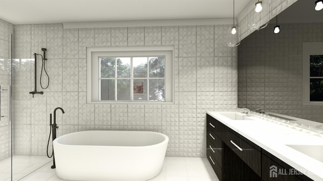 1955 Old Amwell Rd, Franklin Twsp, NJ 08873 - full bath with tile walls, tile patterned floors, double vanity, a soaking tub, and tiled shower