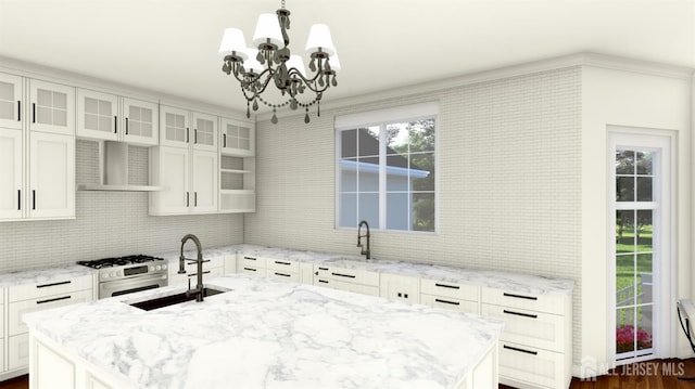 1955 Old Amwell Rd, Franklin Twsp, NJ 08873 - kitchen featuring a chandelier, gas range gas stove, wall chimney exhaust hood, a kitchen island with sink, and backsplash