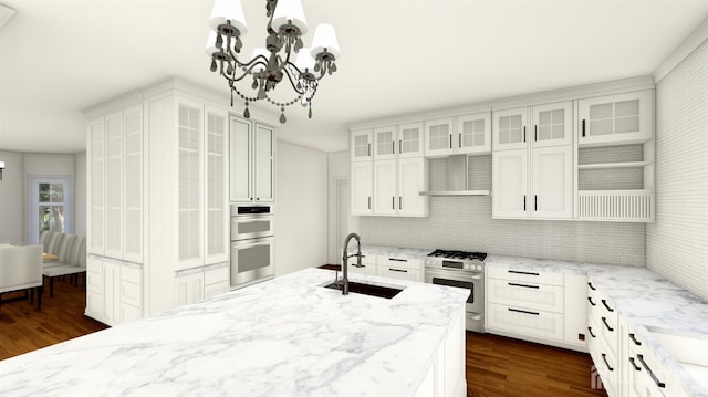 1955 Old Amwell Rd, Franklin Twsp, NJ 08873 - kitchen featuring appliances with stainless steel finishes, dark wood-style floors, a chandelier, wall chimney exhaust hood, and decorative backsplash
