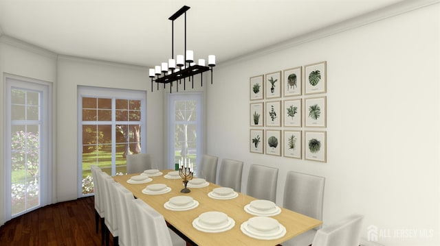 1955 Old Amwell Rd, Franklin Twsp, NJ 08873 - dining room featuring dark wood-type flooring, crown molding, plenty of natural light, and a chandelier