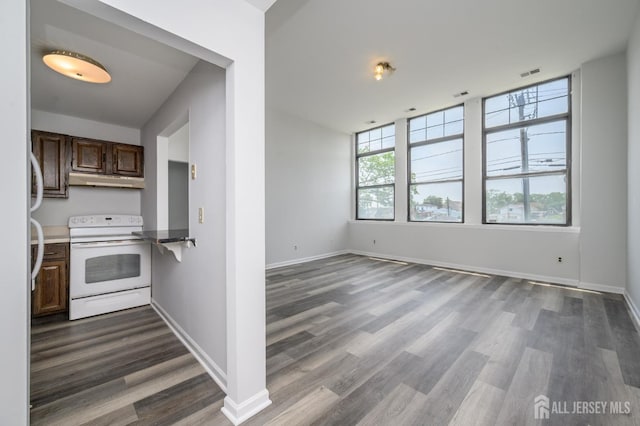 434 Lawrence St Unit 12, Perth Amboy, NJ 08861 - kitchen with white range with electric stovetop, dark wood-style flooring, under cabinet range hood, and open floor plan
