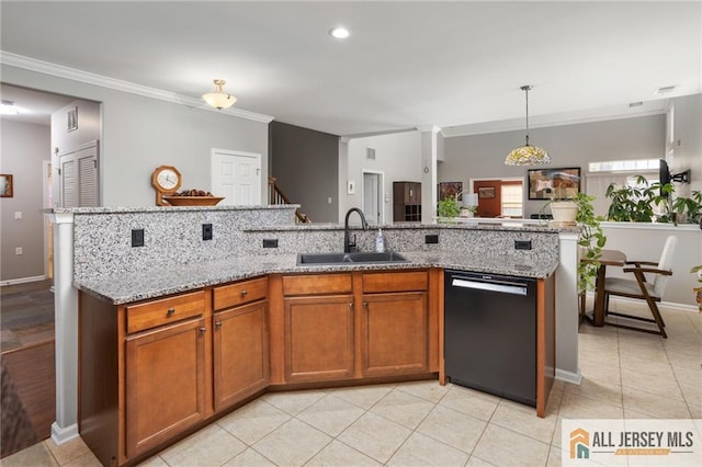 kitchen with brown cabinets, crown molding, a sink, light stone countertops, and dishwasher